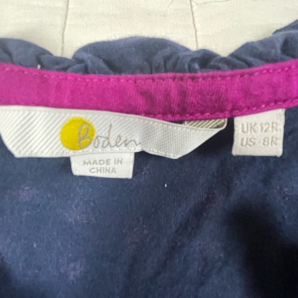 Boden Navy Button Down Shirt with Pink Flower Pattern and Ruffle Accents 12 - Picture 2 of 10